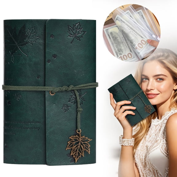 FURNIX Leather Journal Notebook,A6 Green Maple Leaf Ring Notebook (80 Sheets + 5 Pockets),Refillable Writing Journal Diary Planner,Scrapbook For Diy Memory Book,Gifts For Women,Men,Friends,Lover