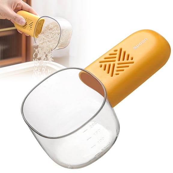 FURNIX Multifunctional Rice Measuring Spoon Household Grade 6.7in Kitchen Grain Scoop,Flour Cereal Storage Sunny Yellow,Reusable Grain Measuring Scoop with Volume Marking,Plastic Rice Flour Spoon