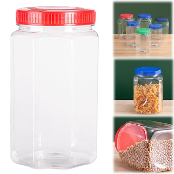 FURNIX Plastic Jar with Red Screw Lid,Airtight Stackable Storage Container,for Sweets,Spices,Crafts (Medium),Reusable Clear Storage Jar,Leakproof Seal,for Kitchen Pantry,Craft Room,Home Organization