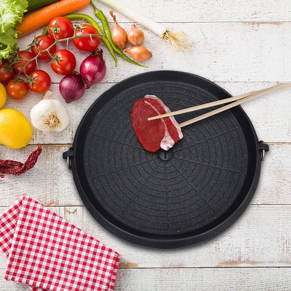 FURNIX Premium Non-Stick BBQ Grill Plate,32cm Round Aluminum Pan for Gas Cooker Camping Stove,Fat-Free Valve Design,Korean BBQ Bulgogi Grill Pan,Portable Tabletop Griddle for Steak Seafood Vegetables