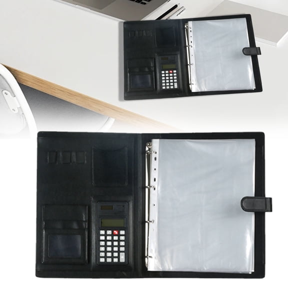 FURNIX Presentation Binder,Folder With Clear Sleeves,Snap-Button 4-Ring Binder Multifunctional Folder with Calculator(Black),Art Portfolio Folder,Office Artwork Storage,Playbill Storage Binder