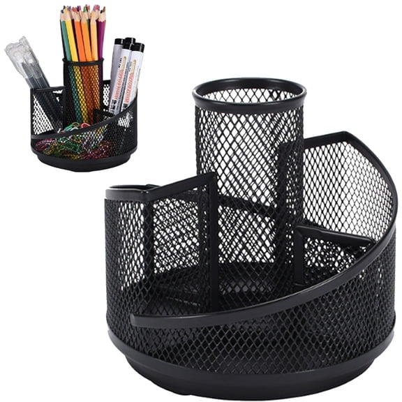 FURNIX Rotating Pencil Holder,360 Degree Rotating Pen Caddy Holders,Metal Mesh Desk Organizer With 5 Compartments,Black Desktop Stationary Organizer For Home,Office