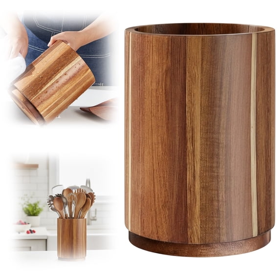 FURNIX Rotating Wood Utensil Crock,Large Capacity Kitchen Organizer,Non-Slip Countertop Tool,Easy-To-Clean Utensil Holder,Compact Kitchen Storage,Acacia Wood Kitchen Decor