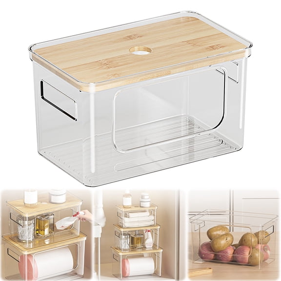FURNIX Trash Bag Dispenser,Clear Plastic,Stackable,Front Opening,Side Handle,for 13-33 Gal Bag,Medium with Bamboo Lid,Plastic Bag Holder,Countertop Organizer,Space Saving,Multi-Purpose Storage,Medium