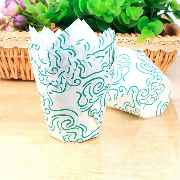 FURNIX Tulip Cupcake Liners Medium Baking Cups Muffin Wrappers Muffin Grease proof paper Baking cups,Tulip Baking Case for Birthday Parties,Weddings,Showers,Bakeries,Restaurants White+Green 3"x2"