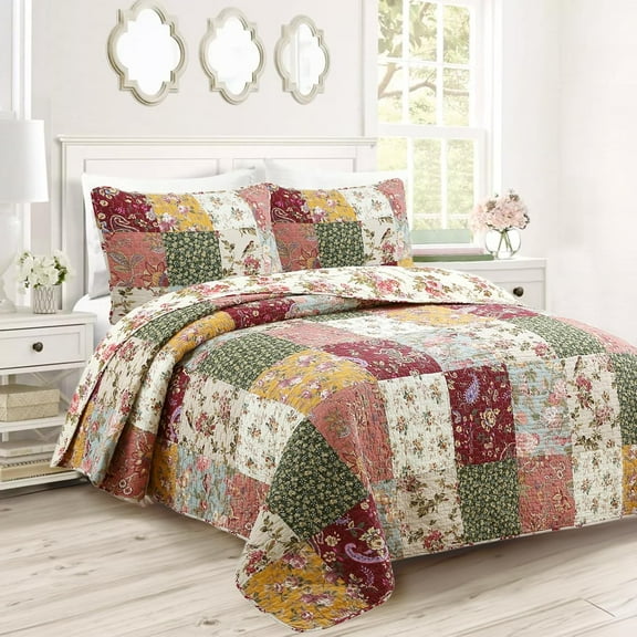 FURNO 100% Cotton Authentic Patchwork Quilt Bedding Set, Floral Vintage Antique Chic Reversible Coverlet Bedspread (Harvest, King - 3 Piece)