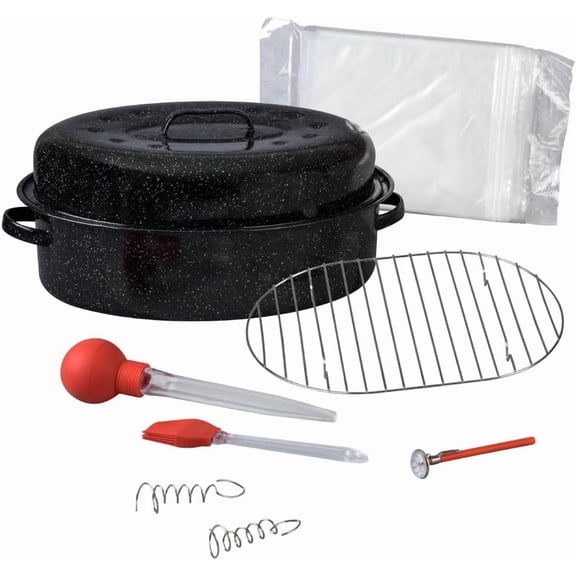 FURNO 19 in Oval Roaster Set (10pcs), includes Lid, Rack, 2 pack brining bags, oven/grill-safe meat Thermometer, Turkey Baster with silicone bulb, and a small brush.