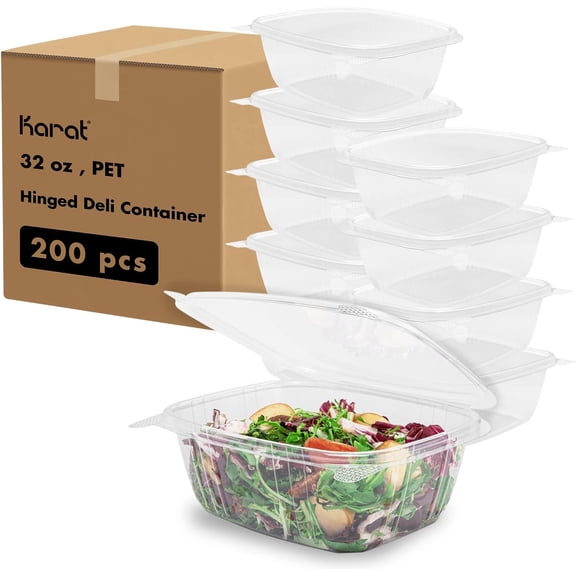 FURNO 200 Count Clear PET Hinged Deli Take Out Containers - 32 oz Plastic Clamshell Food Containers, Disposable Square to Go Boxes, Ideal for Pasta Salads, Fruit, Deli Sides and More, FP-HDC32