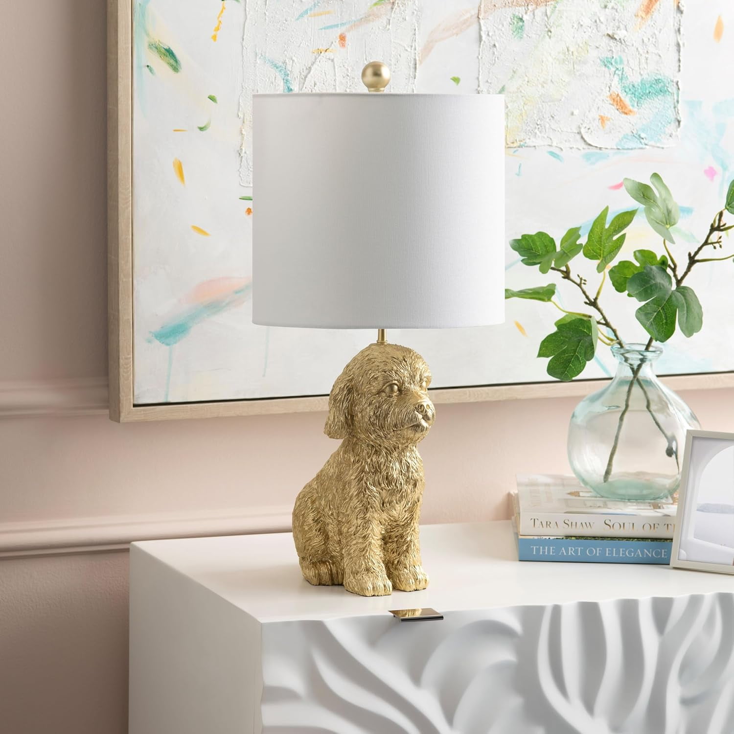 FURNO 24" Golden Doodle Dog Resin Table Lamp, Desk Lamp w/White Linen Shade,Cute Bedside Lamp for Bedroom,Nightstand Lamps for Living Room,Unique Aesthetic Home Room Decor