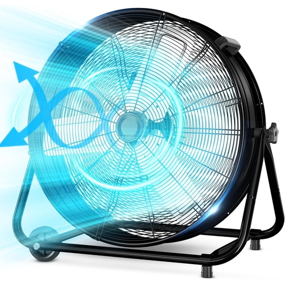 FURNO 24 Inch Industrial Drum Fan High Velocity Floor Shop Fan 3 Speed, Heavy Duty Metal Air Circulator with Adjustable Tilt & Large Wheel for Warehouse, Garage, Factory, Patio, Barn, Black