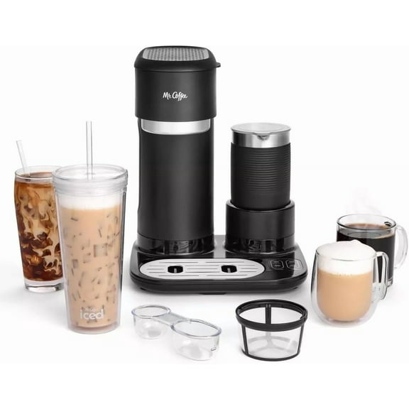 FURNO 4-in-1 Single-Serve Latte, Iced, and Hot Coffee Maker with Milk Frother and Tumbler Black