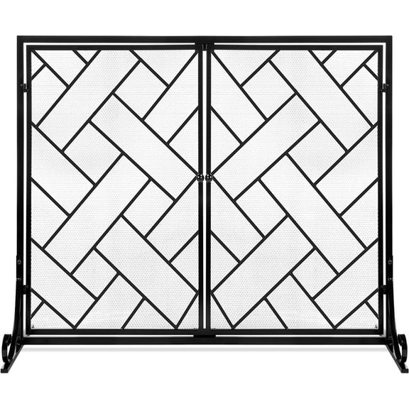 FURNO  44x33in 2-Panel Handcrafted Wrought Iron Decorative Mesh Geometric Fireplace Screen, Fire Spark Guard w/Magnetic Doors - Black