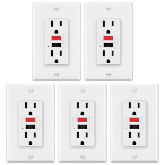 FURNO 5 Pack GFCI Outlets 15 Amp, Non-Tamper Resistant, Decor GFI Receptacles with LED Indicator, Ground Fault Circuit Interrupter, Wallplate Included, ETL Listed, Red/Black Button