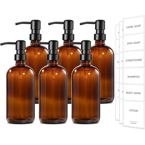 FURNO 6 Pack Amber Brown Glass Soap Dispenser 17 Oz, Stainless Steel Pump Hand & Dish Soap Dispenser Set for Bathroom Kitchen