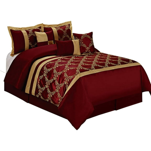 FURNO 7 Piece Bed in A Bag Comforter Set Queen - Burgundy and Gold Faux Silk Fabric Embroidered - Breathable and Wrinkle Resistant - 1 Comforter, 2 Shams, 3 Decorative Pillows, 1 Bedskirt