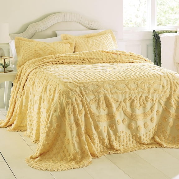 FURNO Bedding Lightweight All Season Georgia Chenille Bedspread Ultra-Soft 100% Cotton with Medallion Pattern - Full, Sunshine Yellow