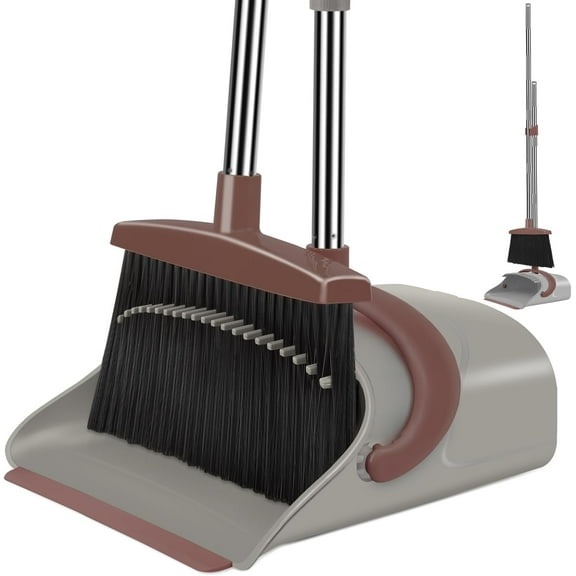 FURNO Broom with Dustpan Combo Set, 50.6 inch Long Handle, Upright Standing Broom and Dustpan Set Quiet Cleaning Tool Sweep The Floor Dust pan Removes 4 Times More Pet Hair(Brown and Gray)
