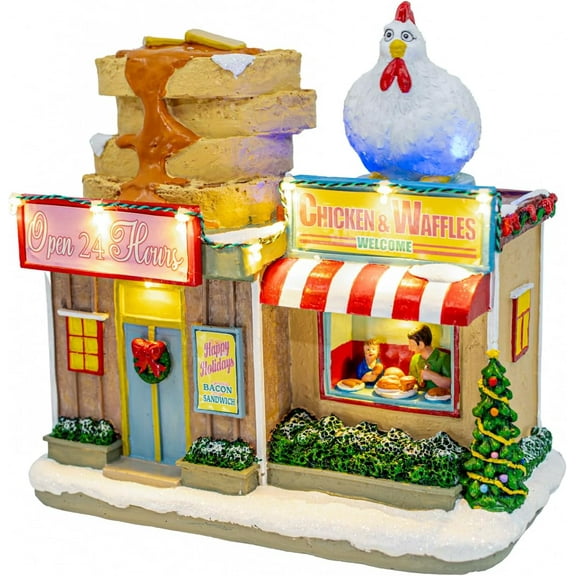 FURNO Chicken and Waffles Restaurant Themed LED Lights Animated Christmas Village with Motion and Sound 10" x 6" x 10"