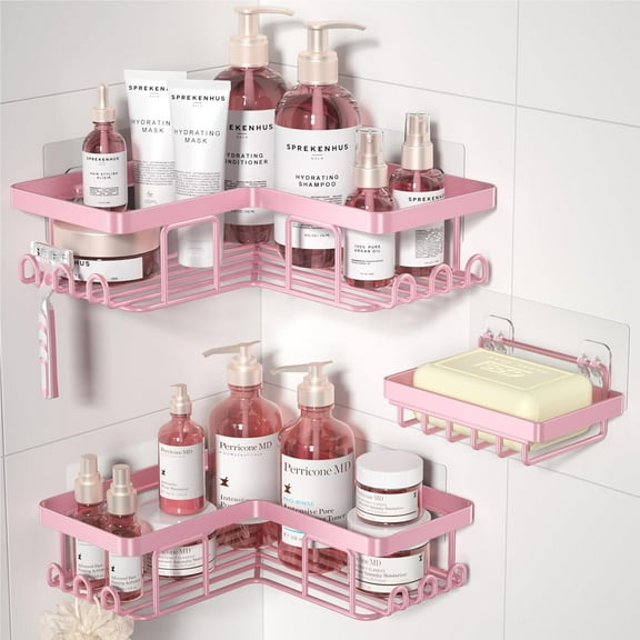 FURNO Corner Adhesive Shower Caddy, with Soap Holder and 12 Hooks, Rustproof Stainless Steel Bathroom Organizer, No Drilling Wall Mounted Rack, Pink, 3-Pack