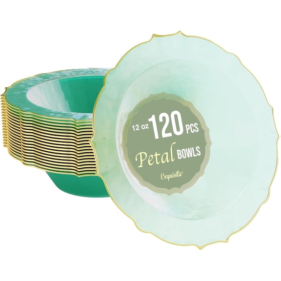 FURNO Fancy Plastic Bowls Disposable Bowls 12 Oz Bowl Set Of 120 Disposable Soup Bowls Plastic Serving Bowls Perfect Plastic Ice Cream Bowls or Plastic Salad Bowls - Mint - Gold Rim