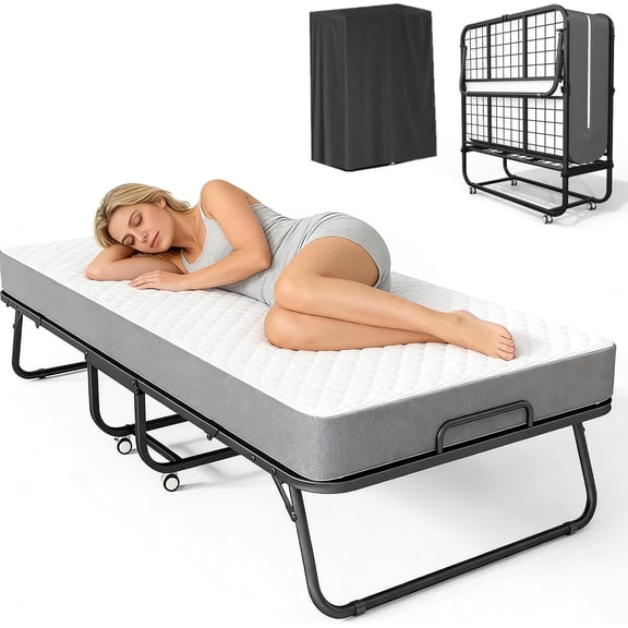 FURNO Foldable Guest Bed with 5‑Inch Memory‑Foam Cushion,75" x 31" Mobile Folding Bed, Sturdy Metal Frame for Office & Apartment Use