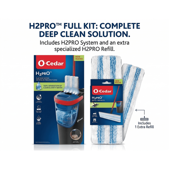 O-Cedar H2prO Flat Mop System with 2 Mop Head Refills | Quick Cleaning Tool | Clean with Clean Water | Machine Washable Reusable Microfiber Mop Pad