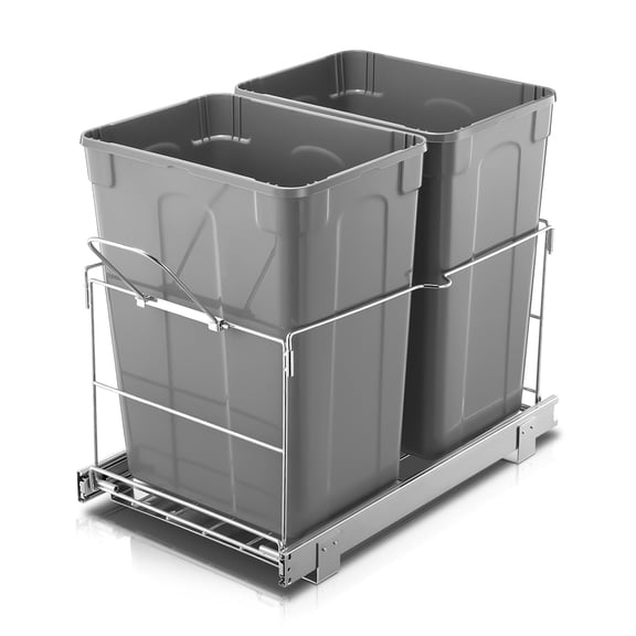 FURNO Pull Out Trash Can Under Cabinet, 35 QT Double Under Sink Trash Can Waste Container with with Chrome Wire Bottom Mount and Handle, Heavy Duty Garbage Recycling Bin for Kitchen Cabinet, Sink