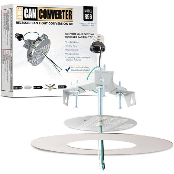 FURNO R56 Recessed Can Light Conversion Kit w/ 7"¾ Flat Steel Ceiling Medallion - Home Improvement for 5" & 6" Cans, Converter Kit for Ceiling Fan & Light Fixture, UL Certified, White