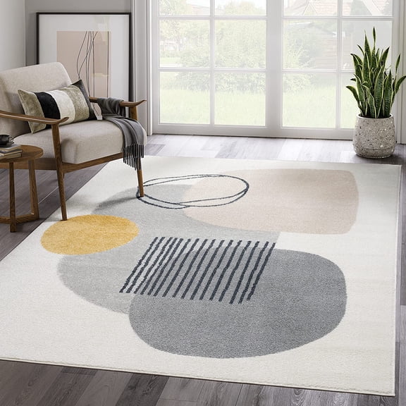 FURNO Rugs Cream and Gray 4 ft. X 6 ft. Mid-Century Rug with Circles and Lines. Neutral Tones of Cream, Gray and a of Yellow. Minimalistic Design Turkish Stain Resistant Area Rug.