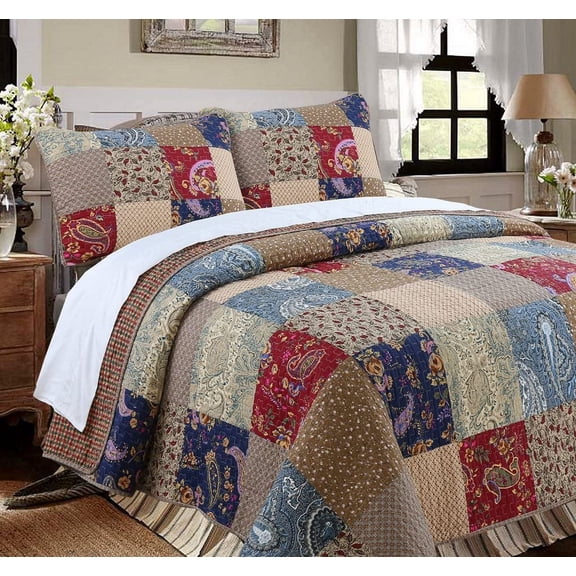 FURNO Sanders Red Navy Blue Brown Floral Print Real Patchwork, 100% Cotton Reversible Coverlet, Bedspread, Quilt Bedding Set (Red/Navy, Queen - 3 Piece)