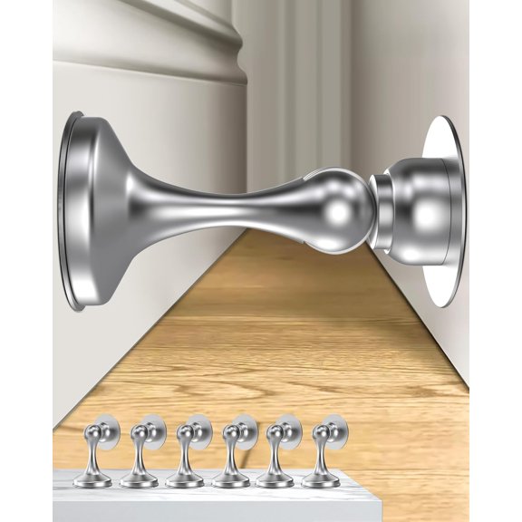 FURNO Silver Magnetic Door Stoppers 6 Pack, Stainless Steel Door Stops Wall & Floor Mount, No Drilling with 3D Adhesive Tape, Door Holder
