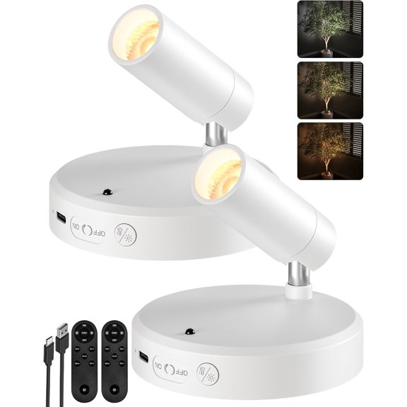 FURNO Spot Lights Indoor, 5500mAh Rechargeable Picture Lights with Remote,Wireless Mini Art Accent Spot Lights with Timer＆Dimmable, 3CCT, Uplights Indoor for Plants, Display, Artwork (2Pack-White)