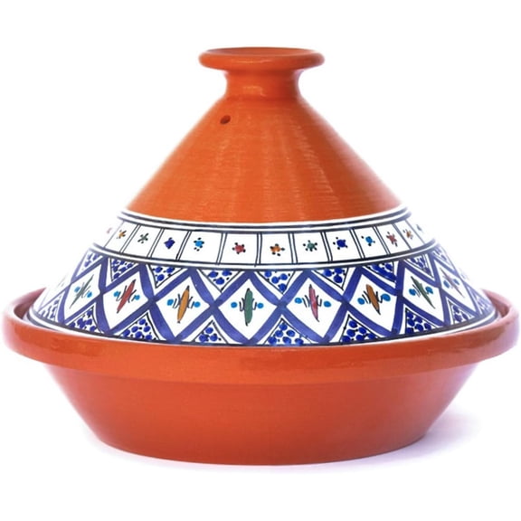 FURNO Tagine Pot for Cooking and Flavor Enrichment - Medium Clay Pot 10”, 3.1 QT - Non-Stick Handmade Cookware - Moroccan Ceramic Pots for Cooking with Lid & Serving Bowl - Bohemian Classic Blue