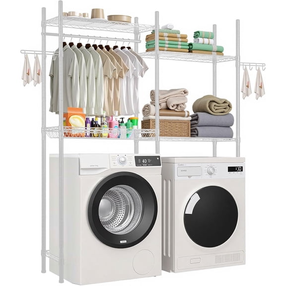 FURNO Over The Washer and Dryer Storage Shelf, 4 Tier Laundry Room Drying Rack with Hanger Rod and Hooks, Adjustable Over Washer and Dryer Shelves, Laundry Room Shelf Storage Space Saver, White