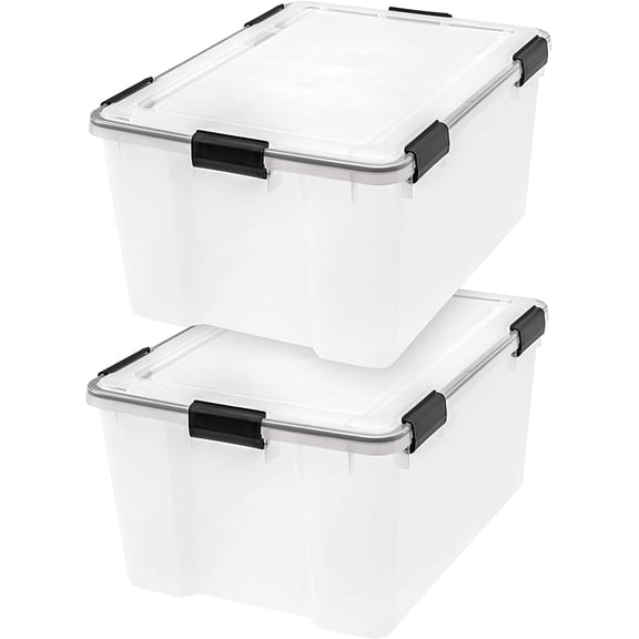 FURNO WeatherPro 63 Qt Storage Bins with Lids, 2 Pack, BPA-Free Plastic Gasket Box with Tight Latch and Seal, Stackable Nestable Tote Tub - Clear/Black