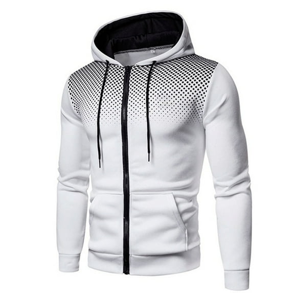 Men's Winter Hooded Polka Dot Casual Sports Cardigan Sweatshirt Long Sleeves M White