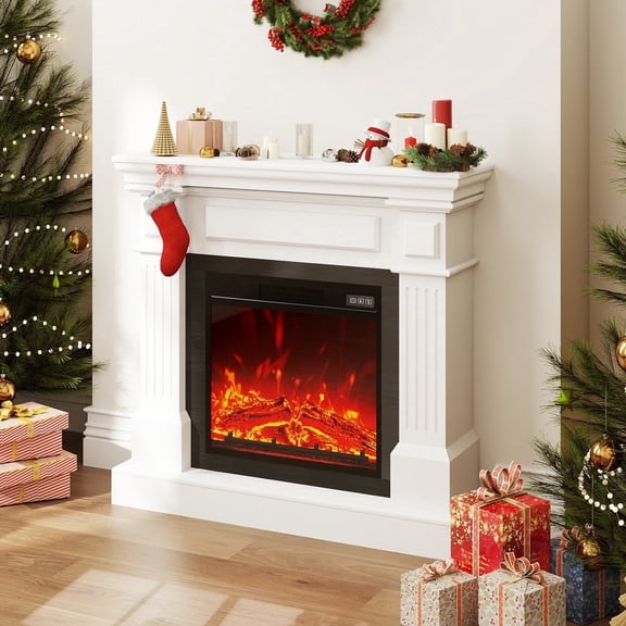 FURRYFECTION 35" Electric Fireplace with Mantel, Freestanding Fireplace Heater TV Stand with Adjustable 3D Flame, Remote Control, 1400W, White