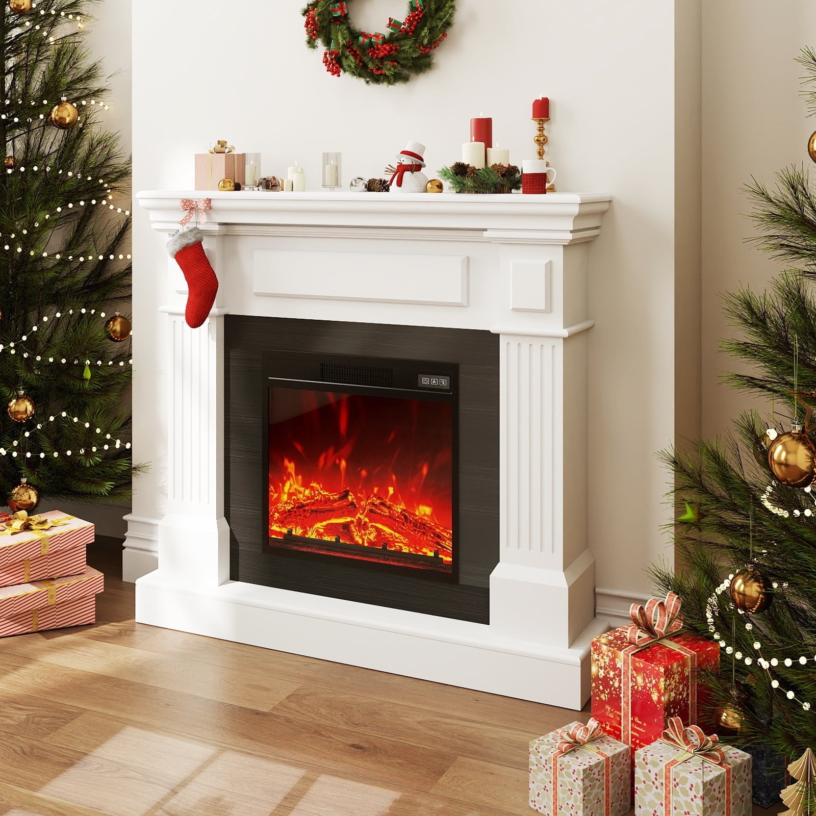 FURRYFECTION 40" Electric Fireplace with Mantel, Freestanding Fireplace Heater TV Stand with Adjustable 3D Flame, Remote Control, 1500W, White