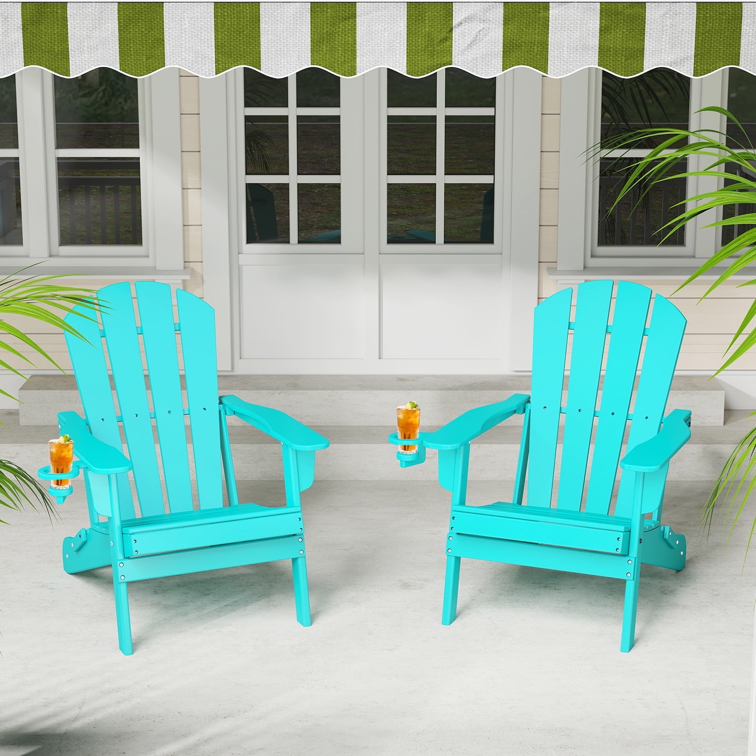 FURRYFECTION Folding Adirondack Chair Set of 2 with Cup Holder,All-Weather HDPE Outdoor Fir Pit Chairs for Patio Garden Backyard,Aqua