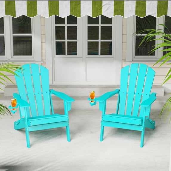 FURRYFECTION Folding Adirondack Chair Set of 2 with Cup Holder,All-Weather HDPE Outdoor Fir Pit Chairs for Patio Garden Backyard,Aqua