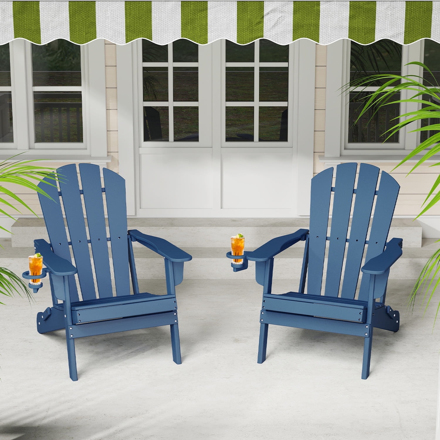 FURRYFECTION Folding Adirondack Chair Set of 2 with Cup Holder,All-Weather HDPE Outdoor Fir Pit Chairs for Patio Garden Backyard,Blue