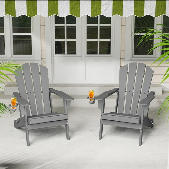 FURRYFECTION Folding Adirondack Chair Set of 2 with Cup Holder,All-Weather HDPE Outdoor Fir Pit Chairs for Patio Garden Backyard,Grey