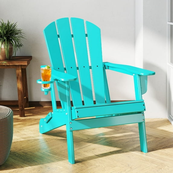 FURRYFECTION Folding Adirondack Chair with Cup Holder,All-Weather HDPE Outdoor Fir Pit Chairs for Patio Garden Backyard,Aqua