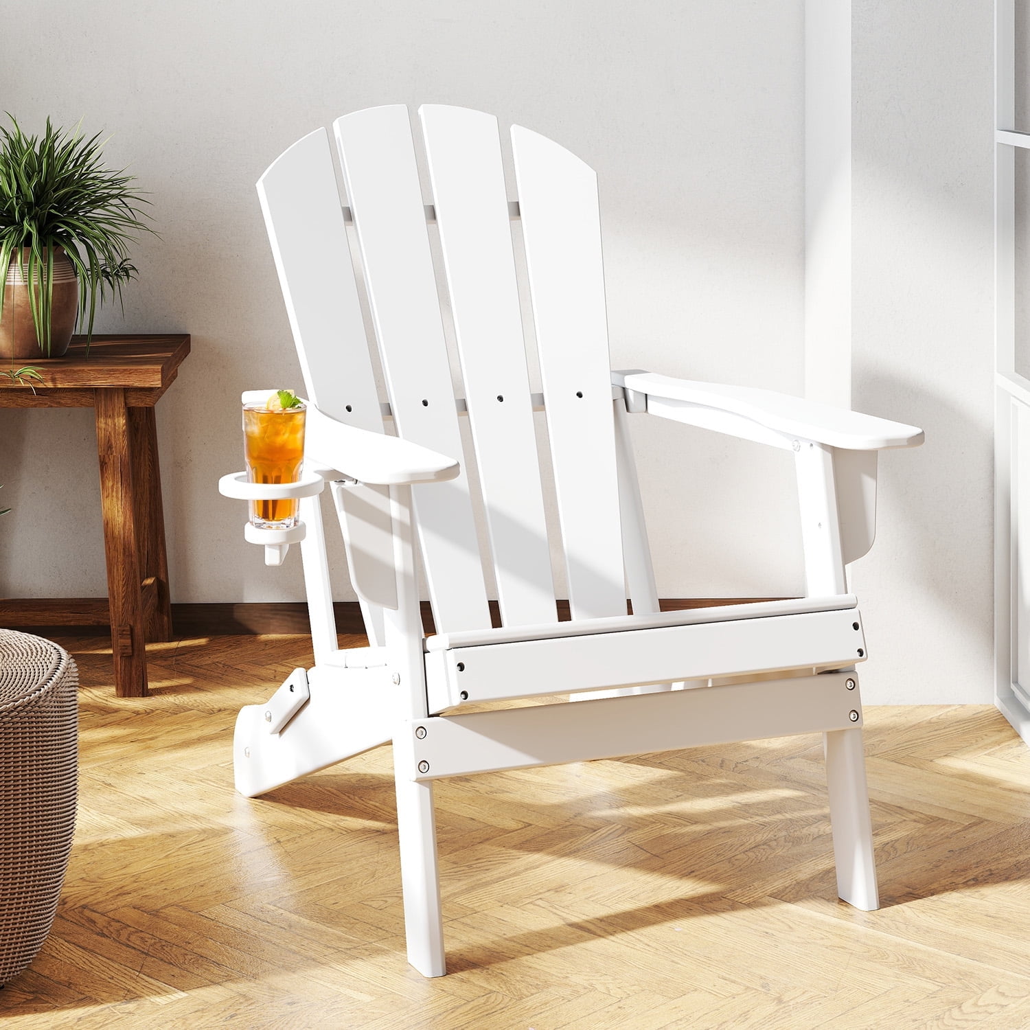 FURRYFECTION Folding Adirondack Chair with Cup Holder,All-Weather HDPE Outdoor Fir Pit Chairs for Patio Garden Backyard,White