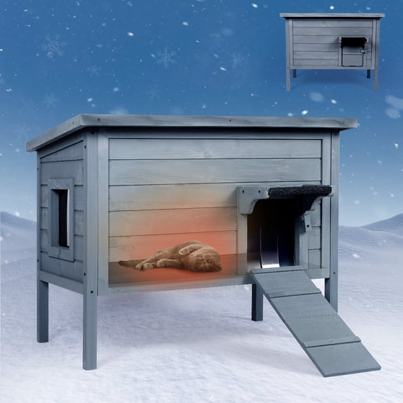 FURRYFECTION Outdoor-Cat-House-Insulated, Large Wooden Pet House for Multiple Cats with fold-up Stair & Acrylic Side Window