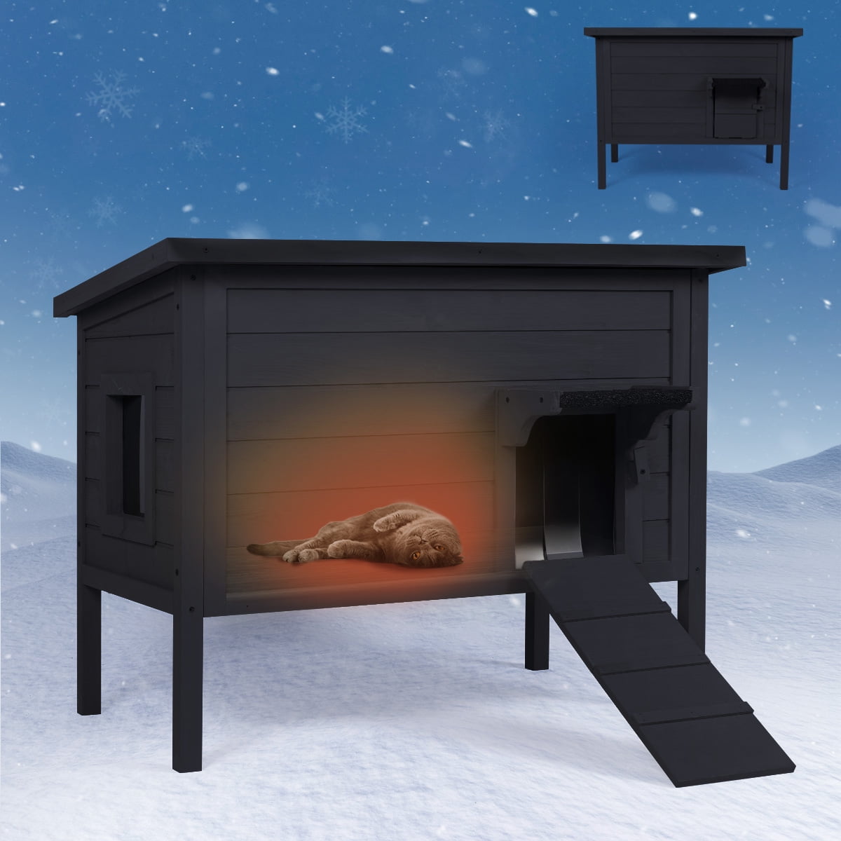FURRYFECTION Outdoor-Cat-House, Large Wooden Weatherproof Pet House for Multiple Cats with fold-up Stair & Visible Side Window