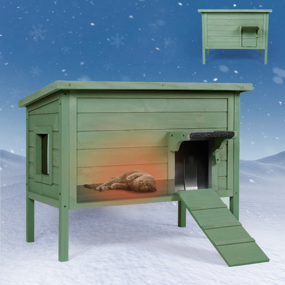 FURRYFECTION Outdoor-Cat-House, Large Wooden Weatherproof Pet House for Multiple Cats with fold-up Stair & Visible Side Window