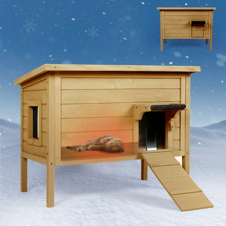 FURRYFECTION Outdoor-Cat-House, Large Wooden Weatherproof Pet House for Multiple Cats with fold-up Stair & Visible Side Window