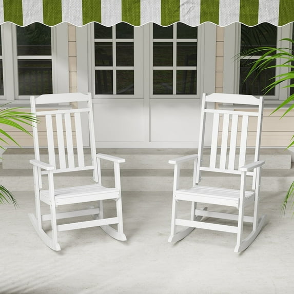 FURRYFECTION Outdoor Rocking Chair Set of 2 with High Back,HDPE Oversized Adirondack Slat Rocker Chairs for Patio,Garden,Lawn,Balcony,White