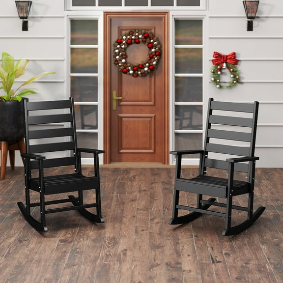 FURRYFECTION Outdoor Rocking Chair Set of 2 with High Ladder Back,HDPE Plastic Porch Rocker Chairs for Patio,Garden,Lawn,Balcony,Black